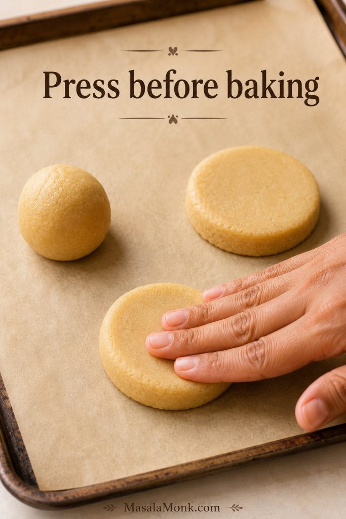 Almond flour cookie dough mound being pressed into a thick disc on a parchment-lined baking tray.