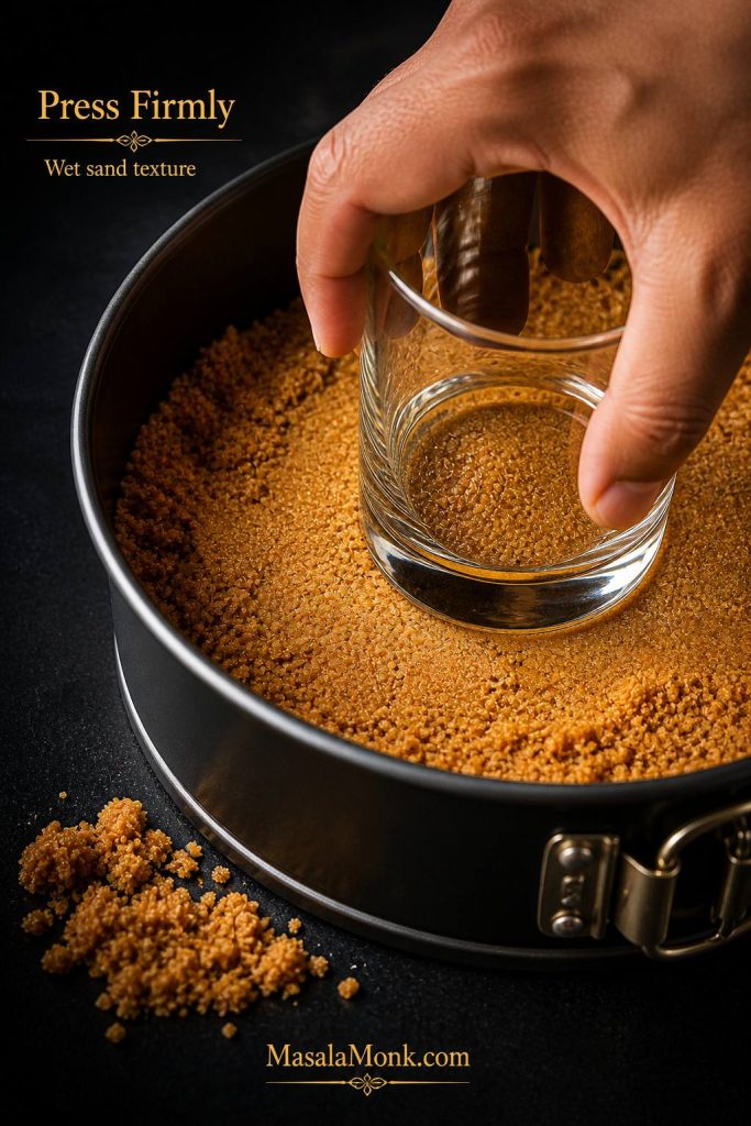 Close-up of a glass pressing biscuit crumbs into a springform pan, with loose crumbs nearby showing a wet sand texture.