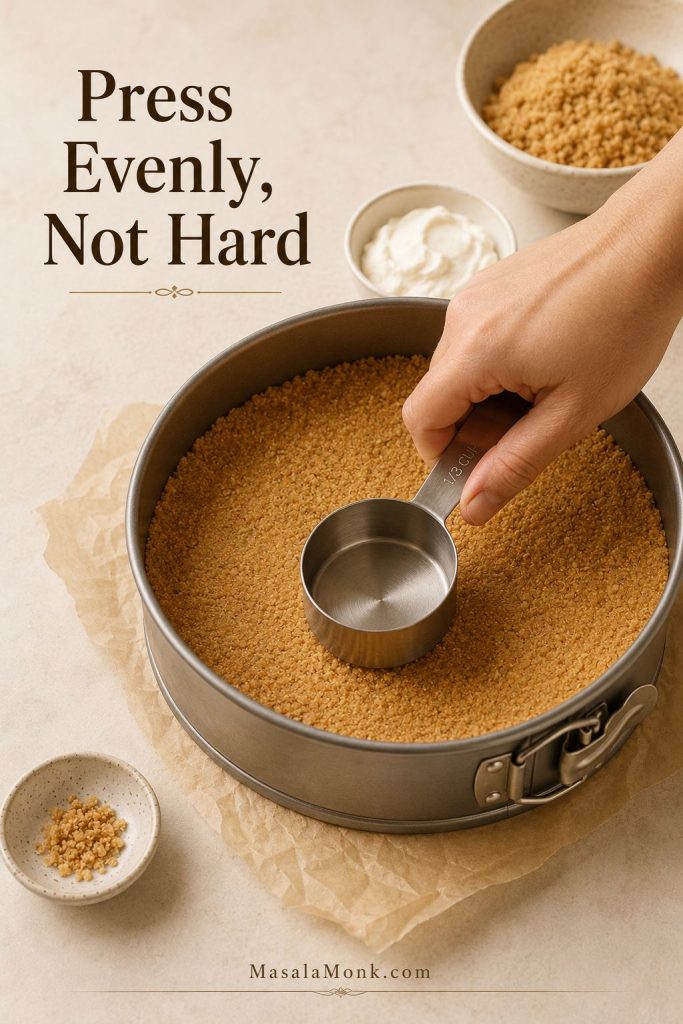 Hand pressing cheesecake crumb crust into a springform pan with a flat-bottom measuring cup.
