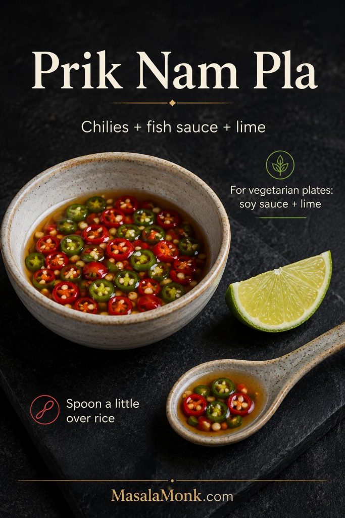 Prik nam pla condiment bowl with sliced red and green chilies in fish sauce and lime, plus a soy-lime vegetarian note.