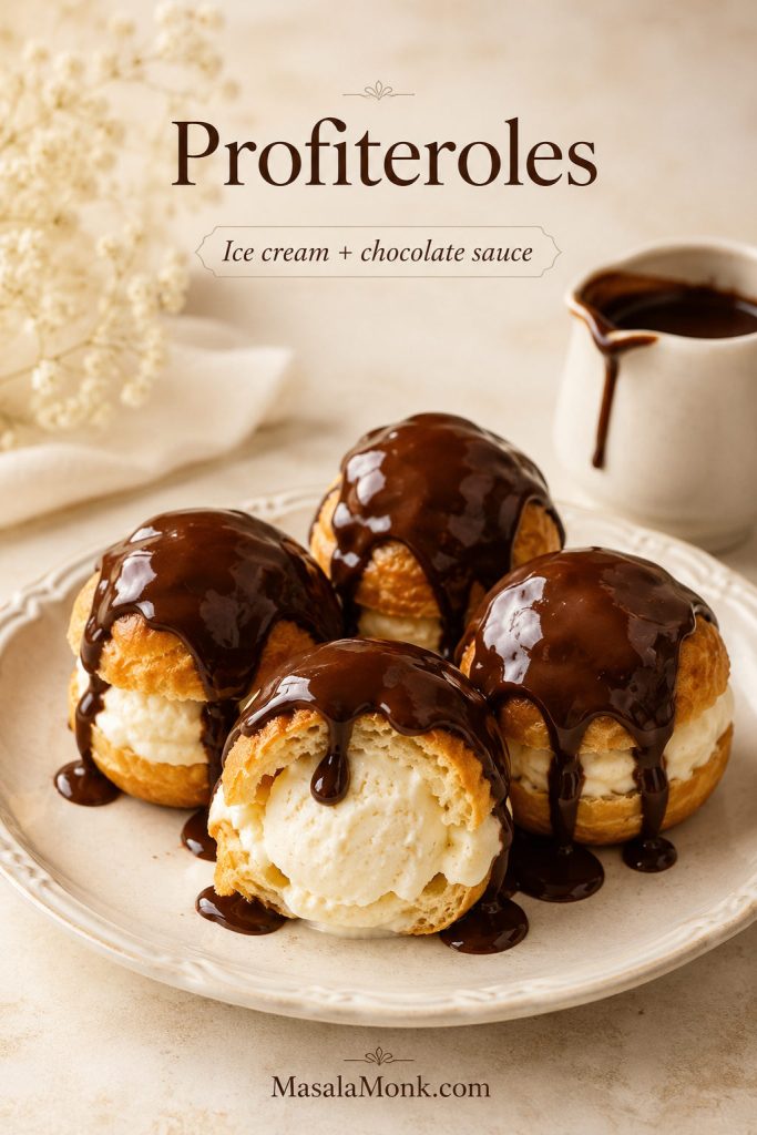 Profiteroles filled with vanilla ice cream and topped with glossy chocolate sauce.