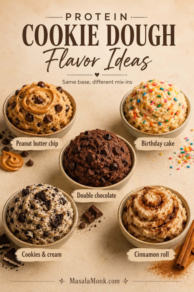 Protein cookie dough flavor variation board with peanut butter chip, birthday cake, double chocolate, cookies and cream, and cinnamon roll
