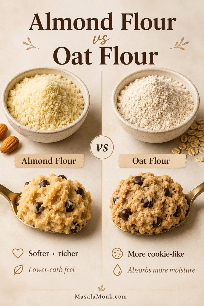 Almond flour versus oat flour comparison for protein cookie dough showing softer rich dough and more cookie-like dough