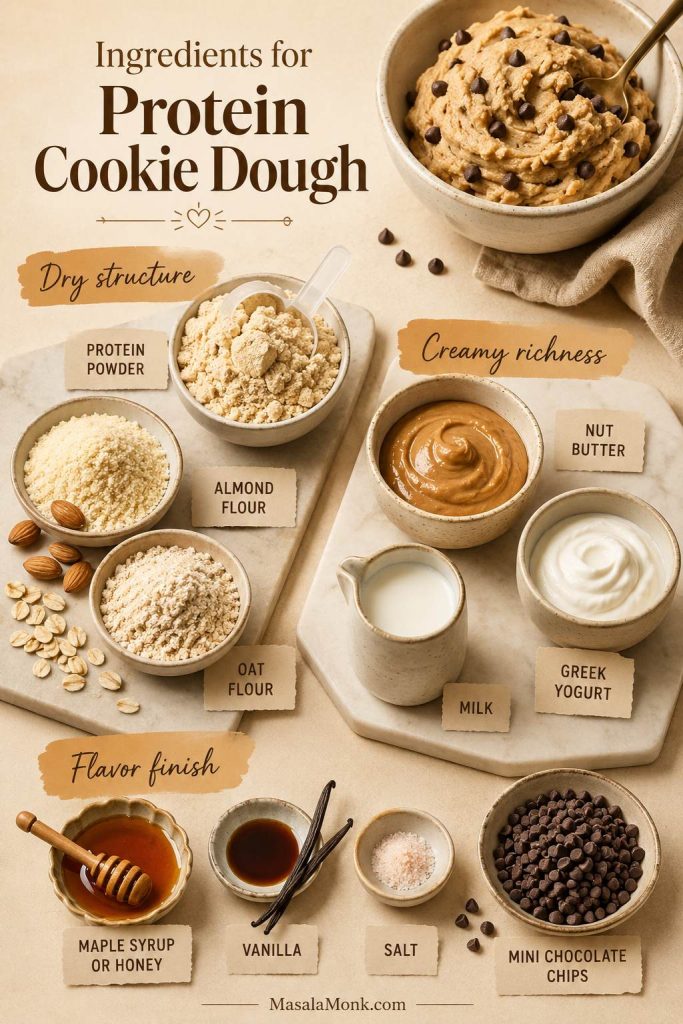 Protein cookie dough ingredients arranged by texture role, including protein powder, flour, yogurt, nut butter, and chocolate chips
