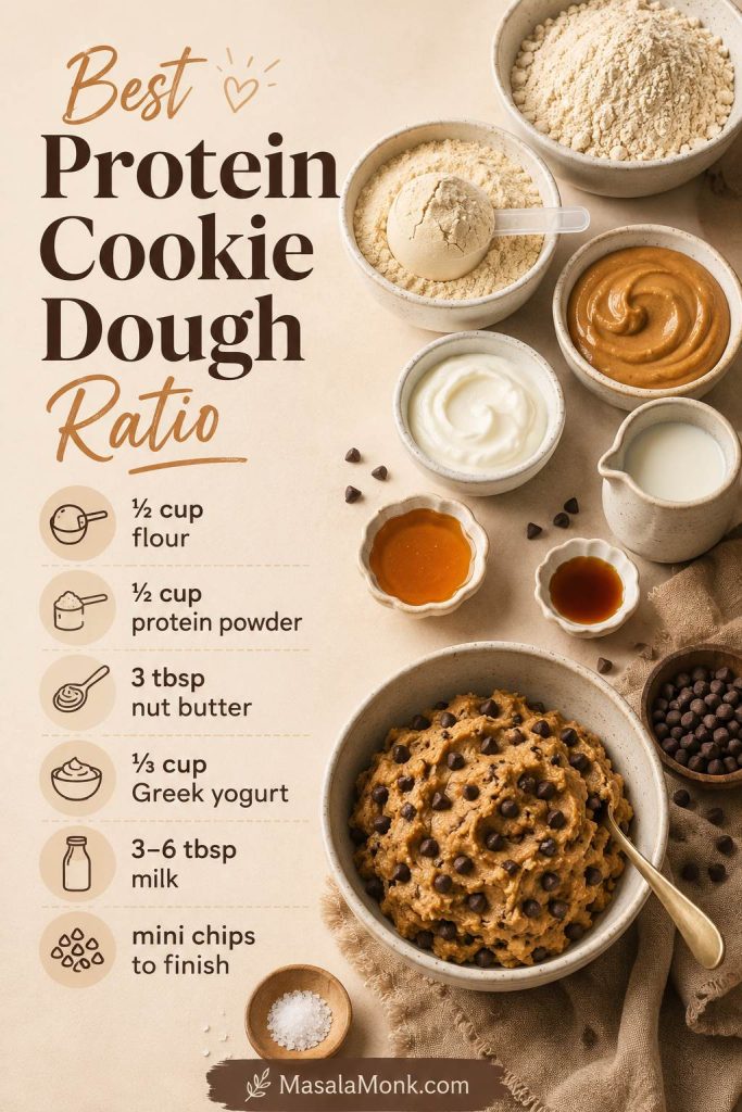 Protein cookie dough ratio board with protein powder, flour, nut butter, Greek yogurt, milk, and mini chocolate chips