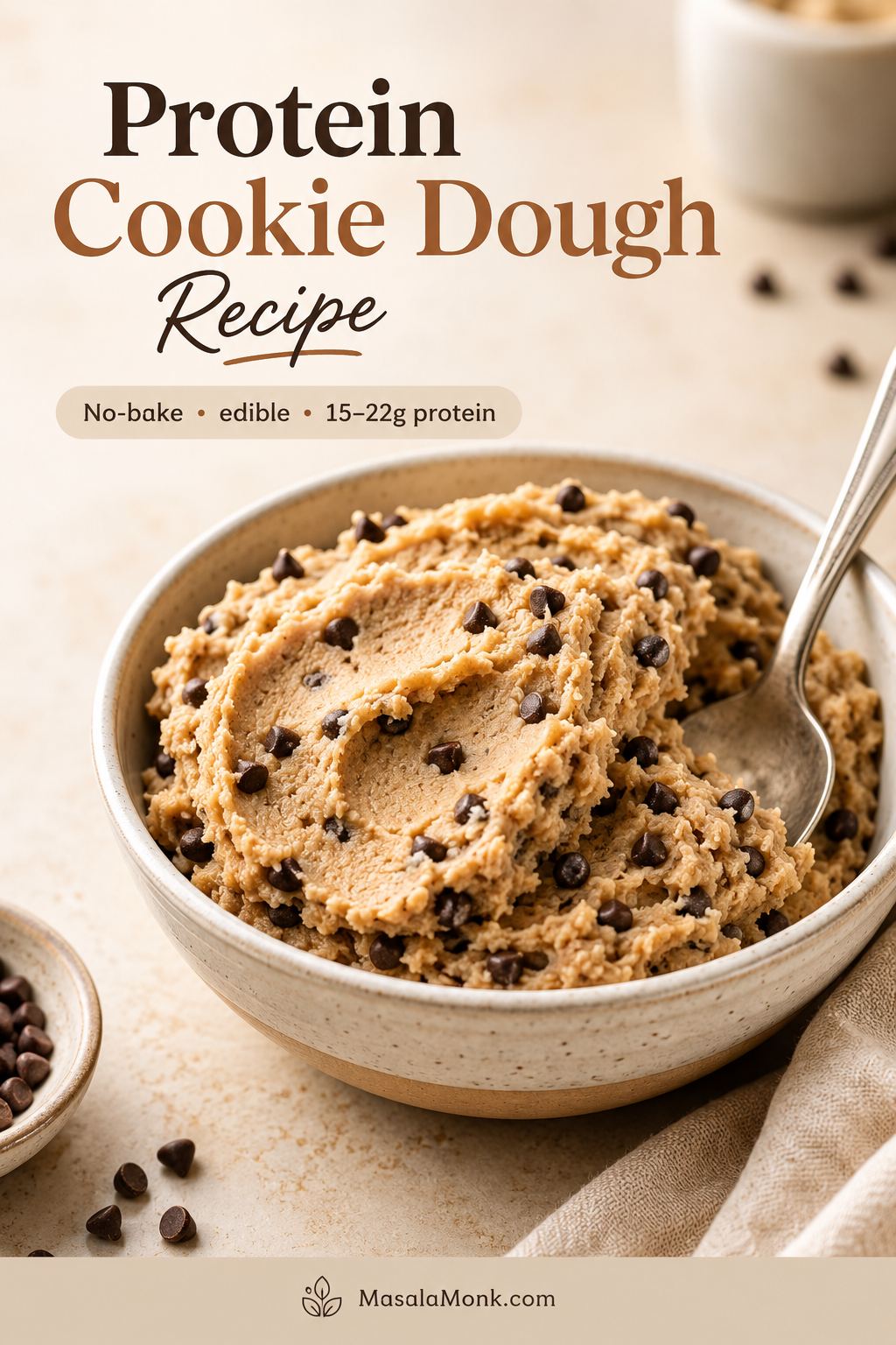 Thick protein cookie dough recipe in a bowl with mini chocolate chips, spoon marks, and a scoopable texture.