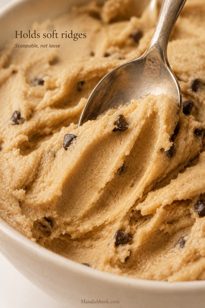 Close-up of protein cookie dough holding soft spoon ridges to show the ideal thick but scoopable texture