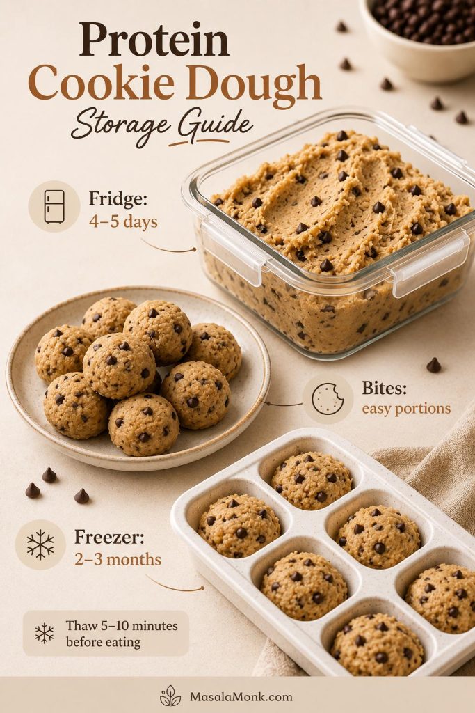 Protein cookie dough storage guide showing an airtight fridge container, rolled snack bites, and freezer portions