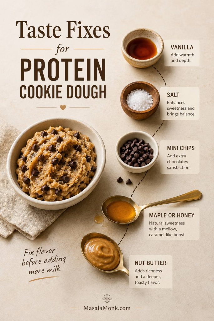 Protein cookie dough taste-fix board with vanilla, salt, chocolate chips, syrup, and nut butter for better flavor