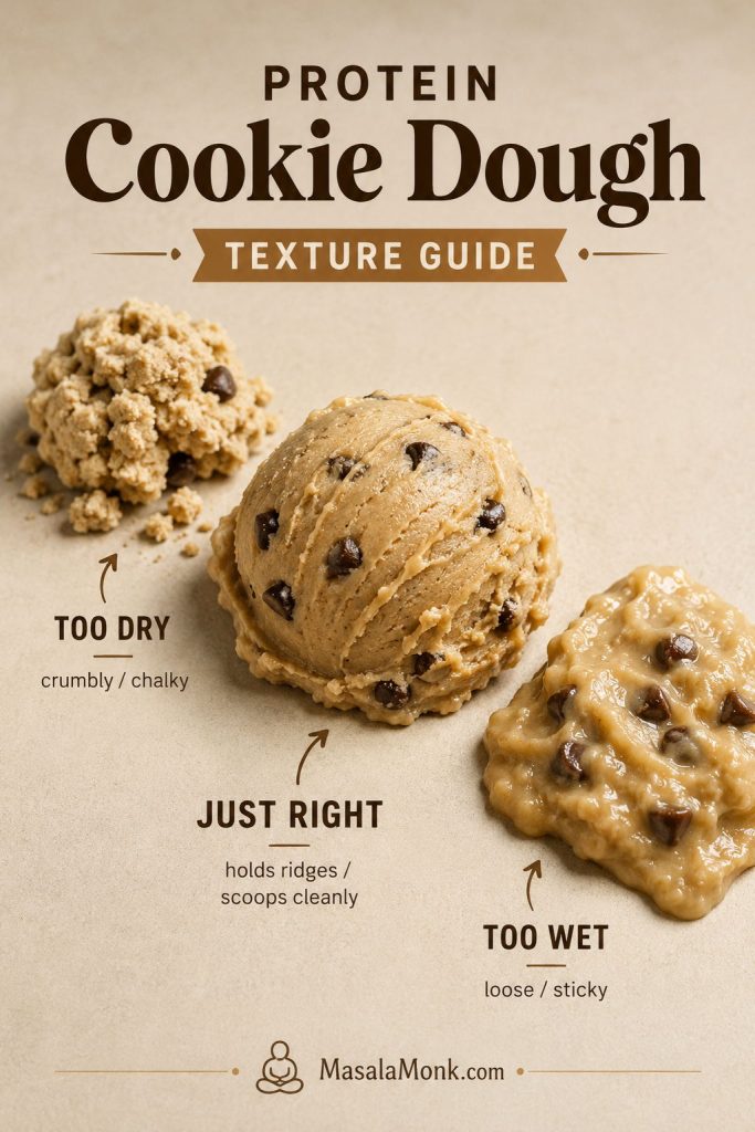 Protein cookie dough texture guide comparing crumbly dry dough, scoopable just-right dough, and loose wet dough