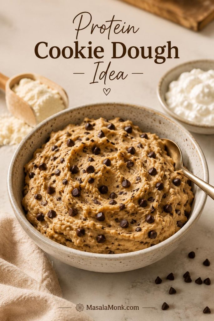 A bowl of protein-style edible cookie dough with mini chocolate chips, a scoop of protein powder, and a small bowl of creamy white protein base nearby.