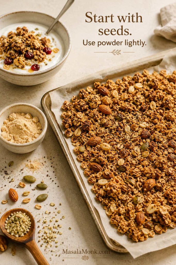 Protein granola with oats, nuts, seeds, a small bowl of protein powder, and a yogurt bowl in a warm breakfast setting.