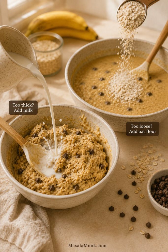 Muffin batter being fixed with milk for thick batter and oat flour for loose batter.