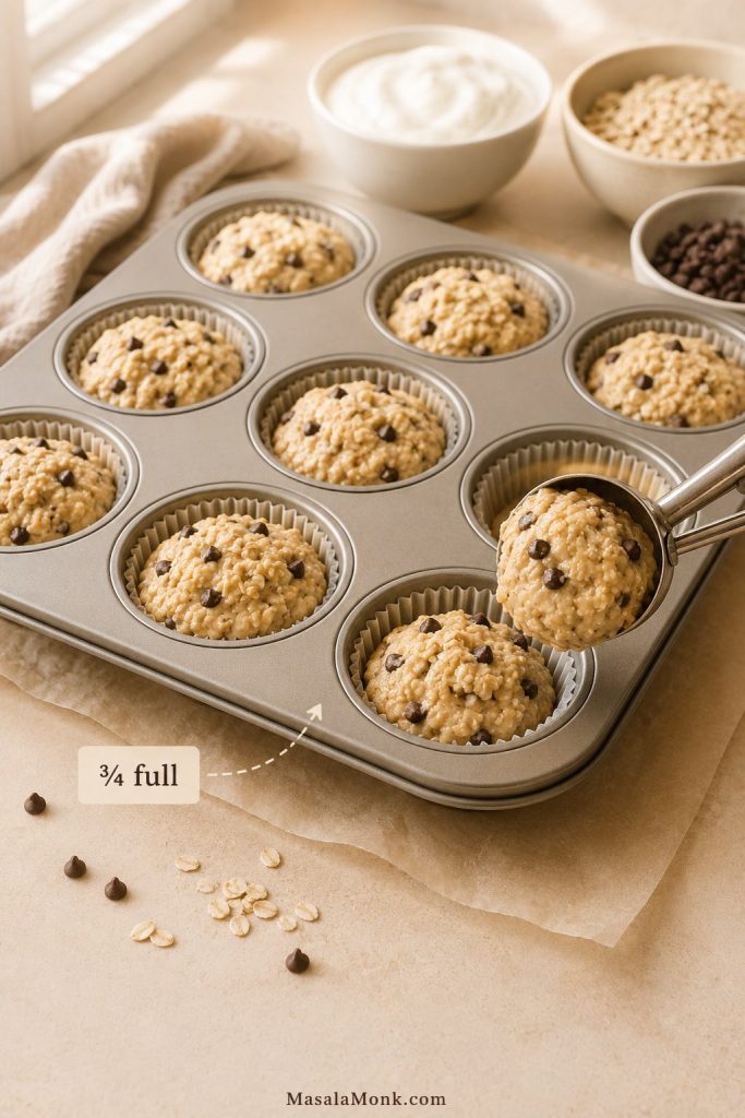 High protein muffin batter scooped into a muffin tin with cups filled about three-quarters full.