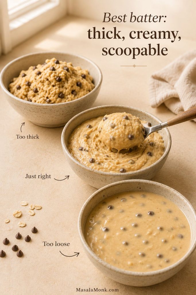 Three bowls showing too-thick, just-right, and too-loose batter textures for high protein muffins.