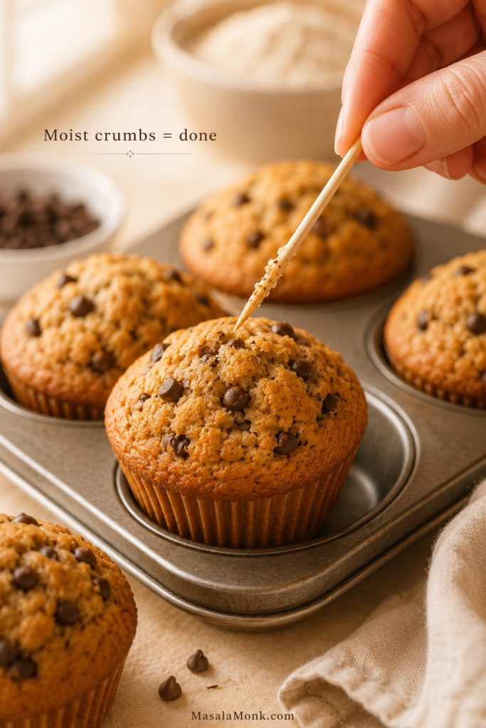 Toothpick test showing moist crumbs on a high protein muffin to indicate doneness.