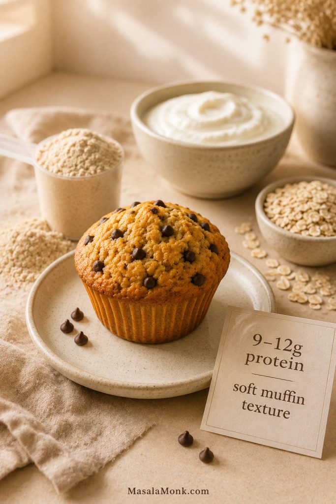 High protein muffin with a note showing a realistic 9 to 12 gram protein range and soft texture.