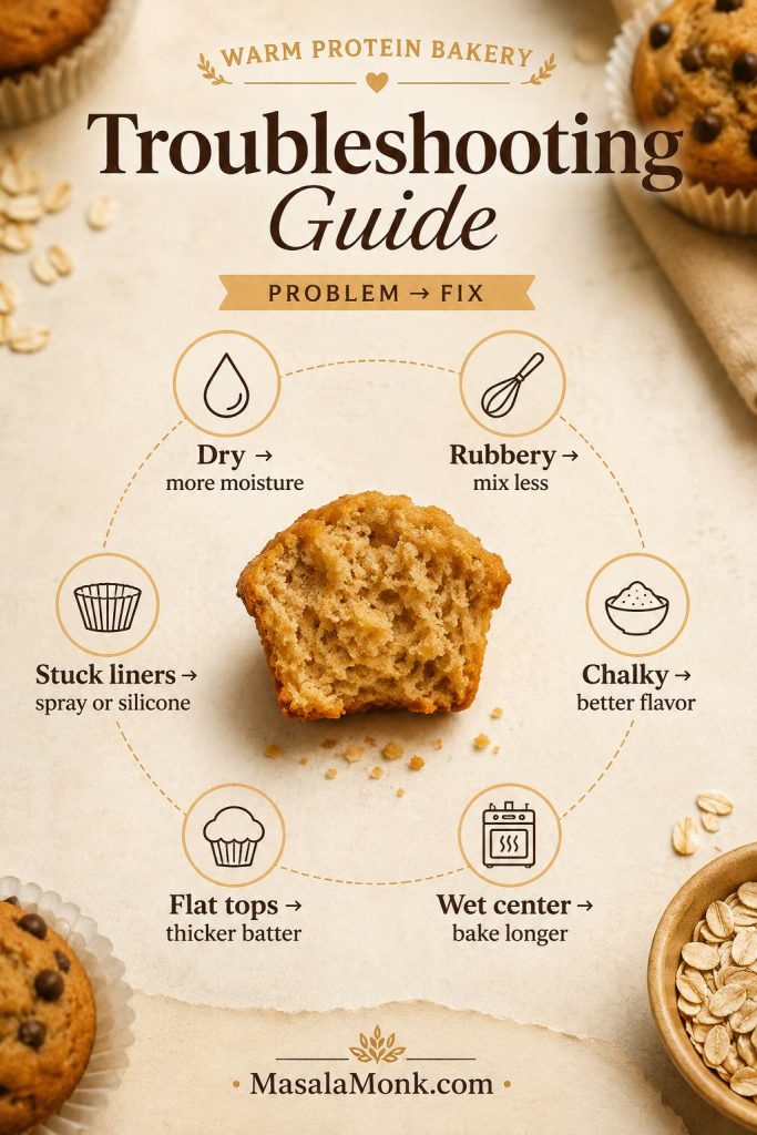 Troubleshooting guide for high protein muffins showing fixes for dry, rubbery, chalky, wet, flat, and stuck muffins.