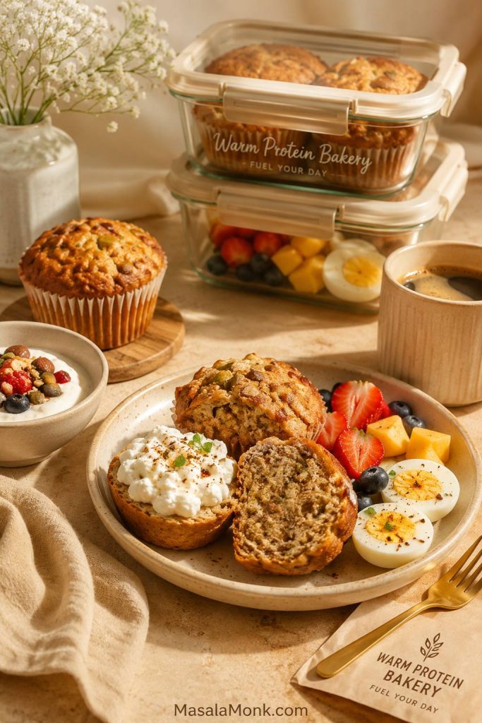 High protein muffins served with Greek yogurt, fruit, eggs, and coffee for breakfast meal prep.