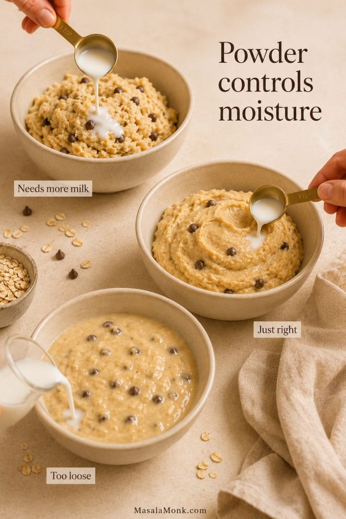 Protein muffin batter absorption guide showing thick, just-right, and too-loose batter after adding milk.