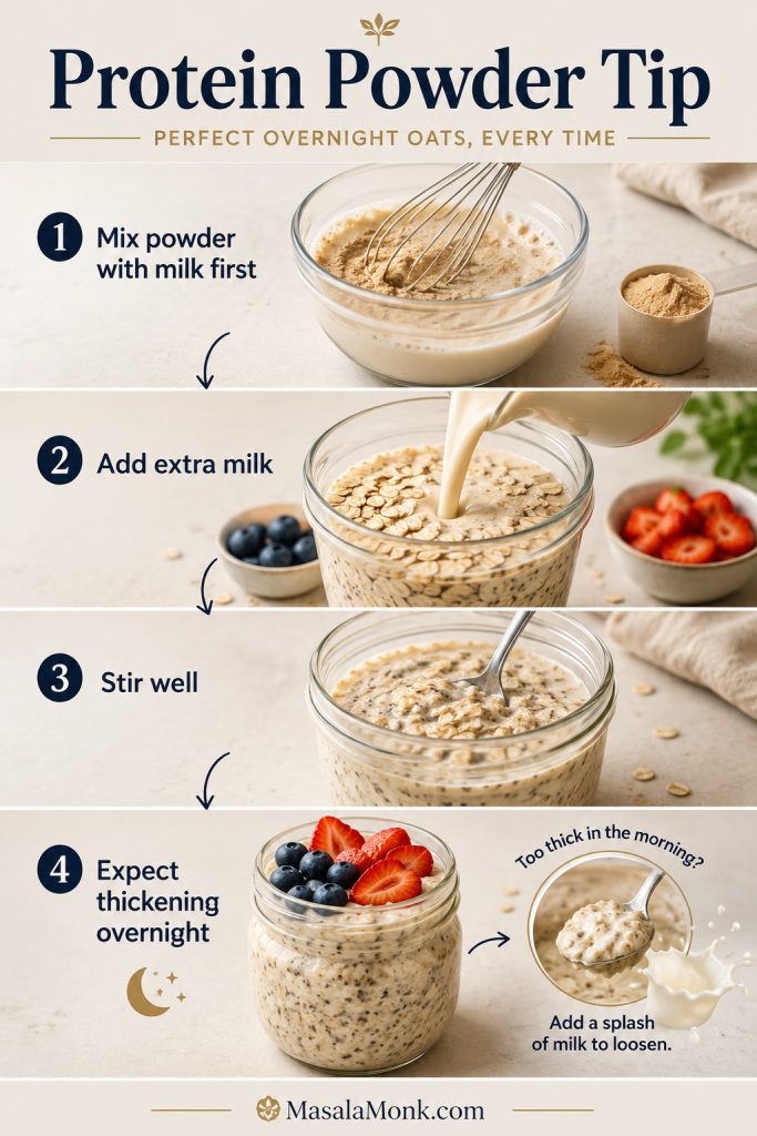 Protein powder overnight oats guide showing protein powder mixed with milk first, added to oats, stirred well, thickened overnight, and loosened with milk.