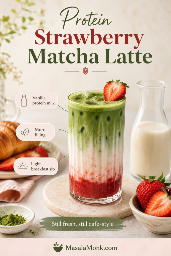 Protein strawberry matcha latte with vanilla protein milk, strawberry base, milk layer, matcha, ice, strawberries, and breakfast props.