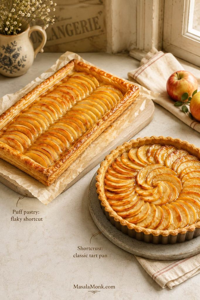 Puff pastry apple tart compared with a shortcrust apple tart in a round fluted tart pan.