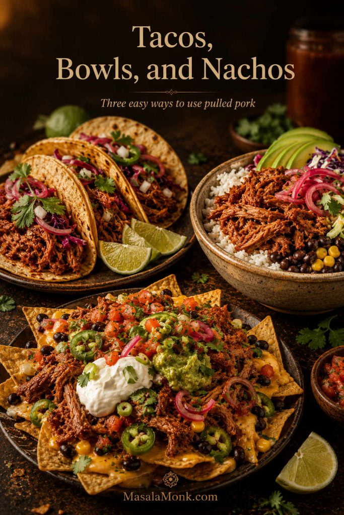 Pulled pork served three ways as tacos, a rice bowl, and nachos with lime, cabbage, pickled onions, avocado, and herbs.