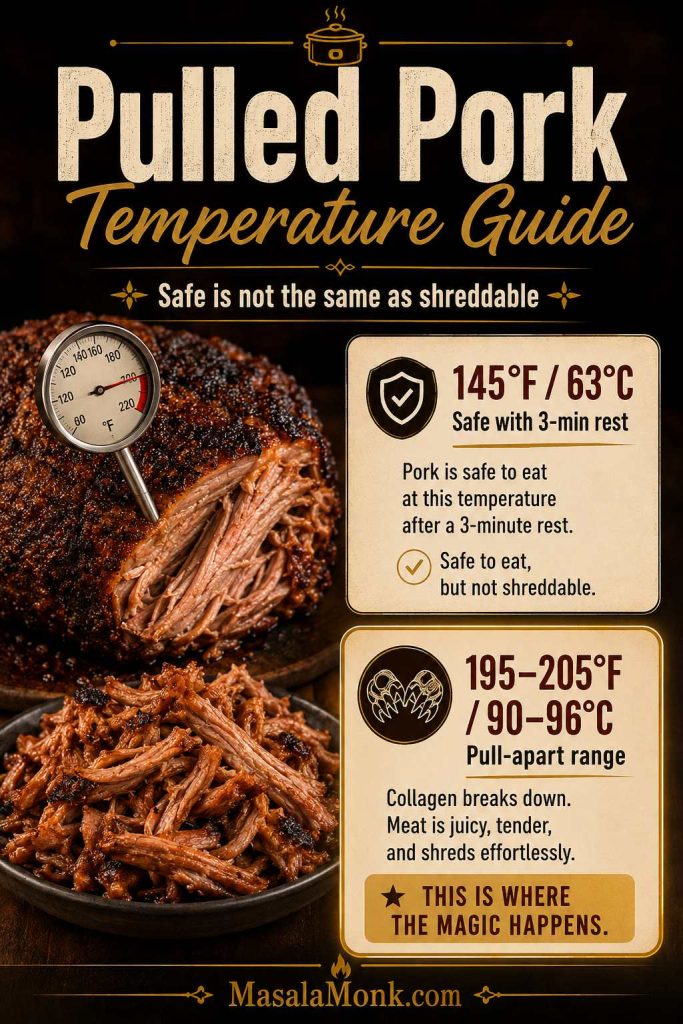 Pulled pork temperature guide showing 145°F with a 3-minute rest as safe and 195–205°F as the pull-apart range.