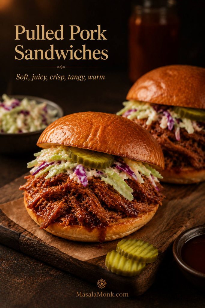 Pulled pork sandwiches with glossy shredded pork, coleslaw, pickles, soft buns, and barbecue sauce on a dark table.