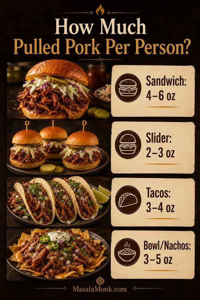 Portion guide for pulled pork showing serving amounts for sandwiches, sliders, tacos, bowls, and nachos.