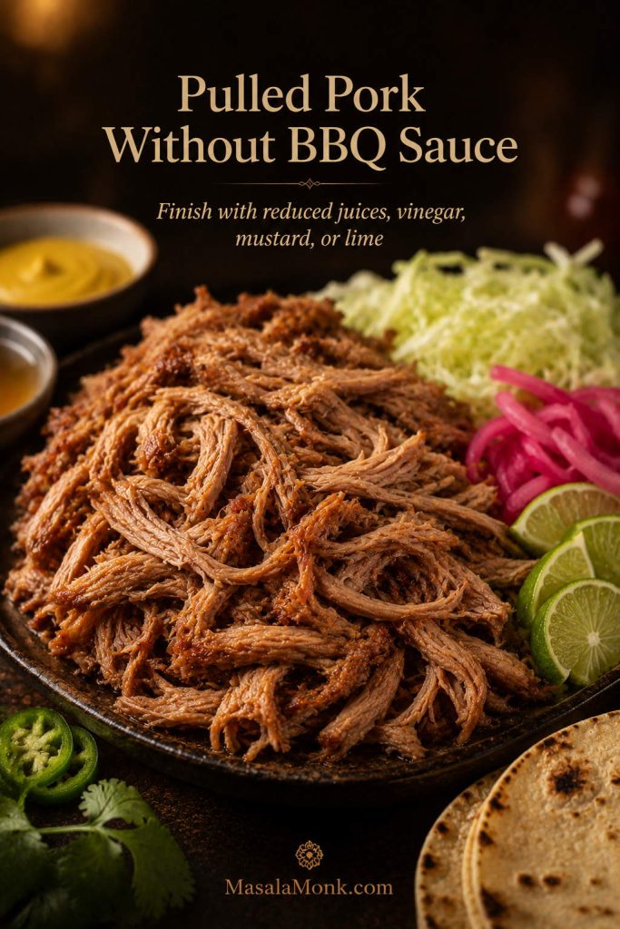 Unsauced pulled pork with lime, pickled onions, cabbage, tortillas, mustard, and reduced cooking juices for a lighter variation.