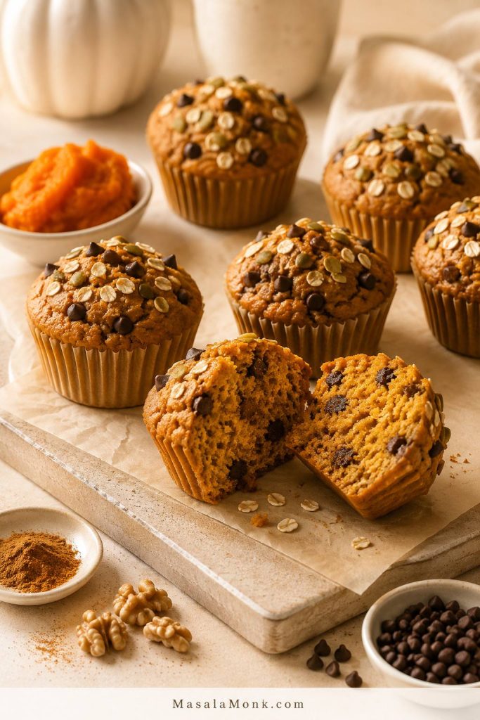 Pumpkin high protein muffins with a soft orange crumb and warm spice cues.