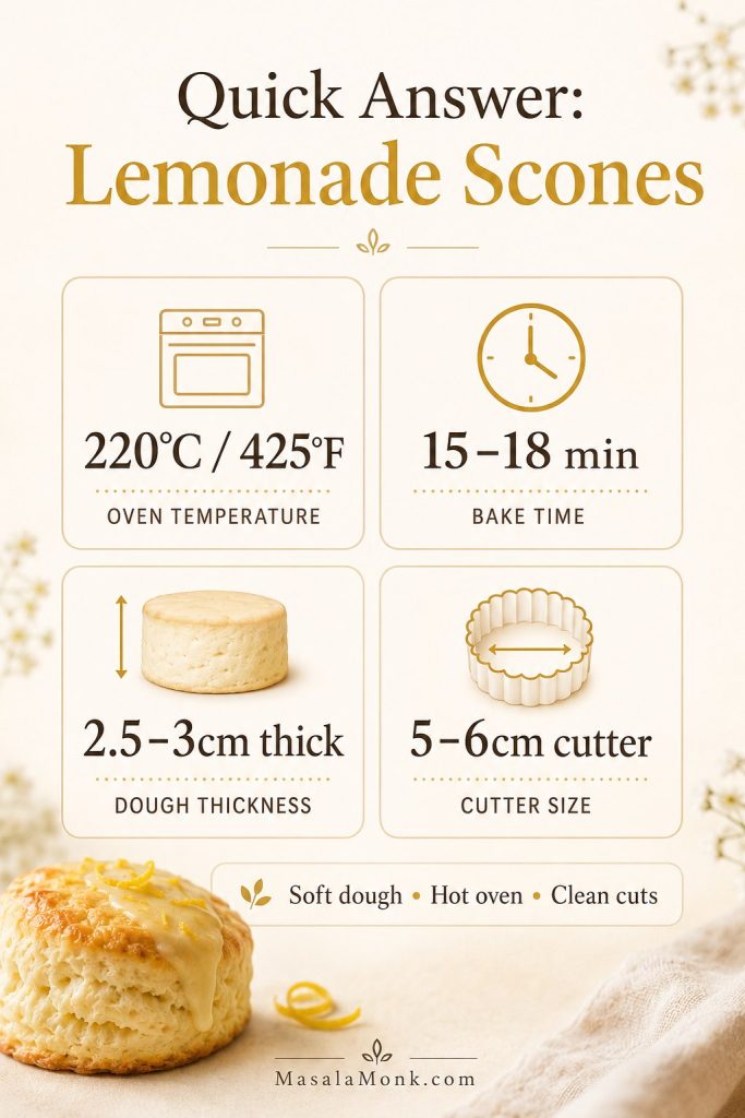 Quick guide image for lemonade scones showing oven temperature, bake time, dough thickness, and cutter size beside a baked scone.