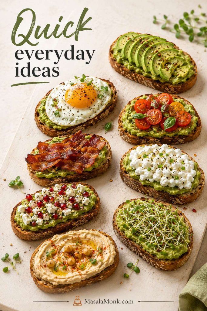 Board of quick avocado toast ideas with classic, egg, tomato, bacon, cottage cheese, feta, hummus, and sprout toppings.