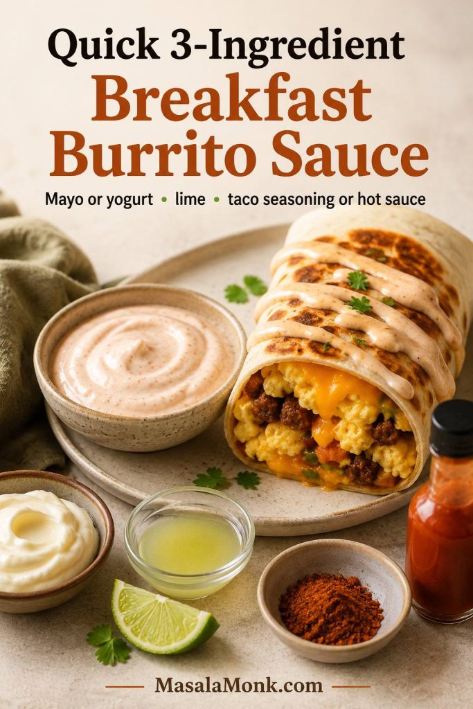 Creamy quick breakfast burrito sauce served beside a burrito with sauce ingredients nearby