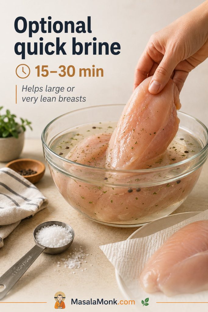 Raw chicken breast being placed in a glass bowl of saltwater brine with salt and herbs nearby.