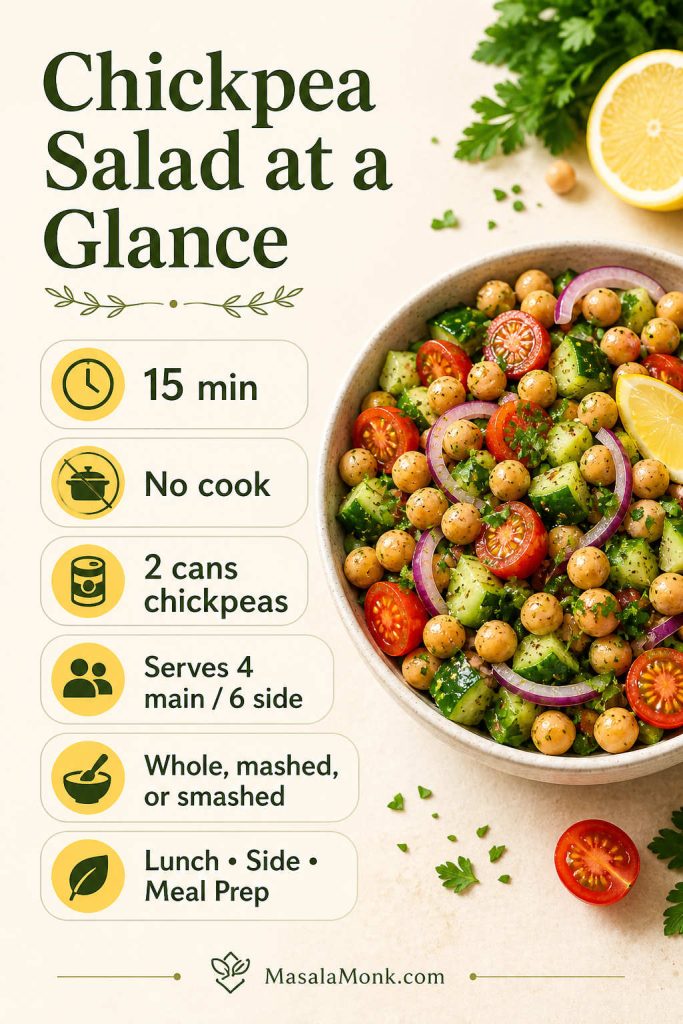 Infographic showing chickpea salad facts including 15 minutes, no-cook method, two cans of chickpeas, serving size, and texture options.