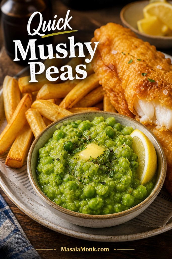 Bowl of chunky mushy peas with butter and lemon served beside fish and chips.