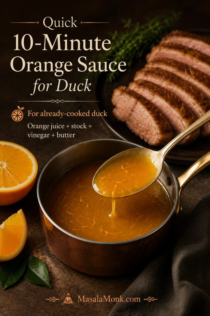 Quick orange sauce for duck in a saucepan with sliced cooked duck nearby
