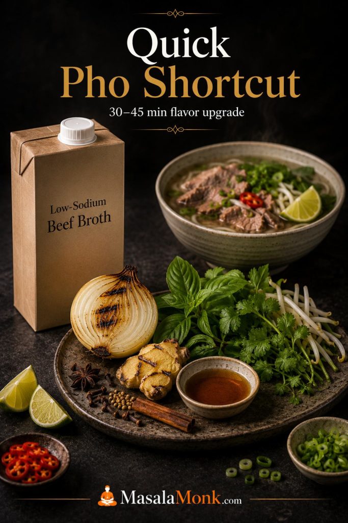 Quick pho setup with low-sodium beef broth, charred onion, ginger, whole spices, fish sauce, herbs, and a finished bowl.