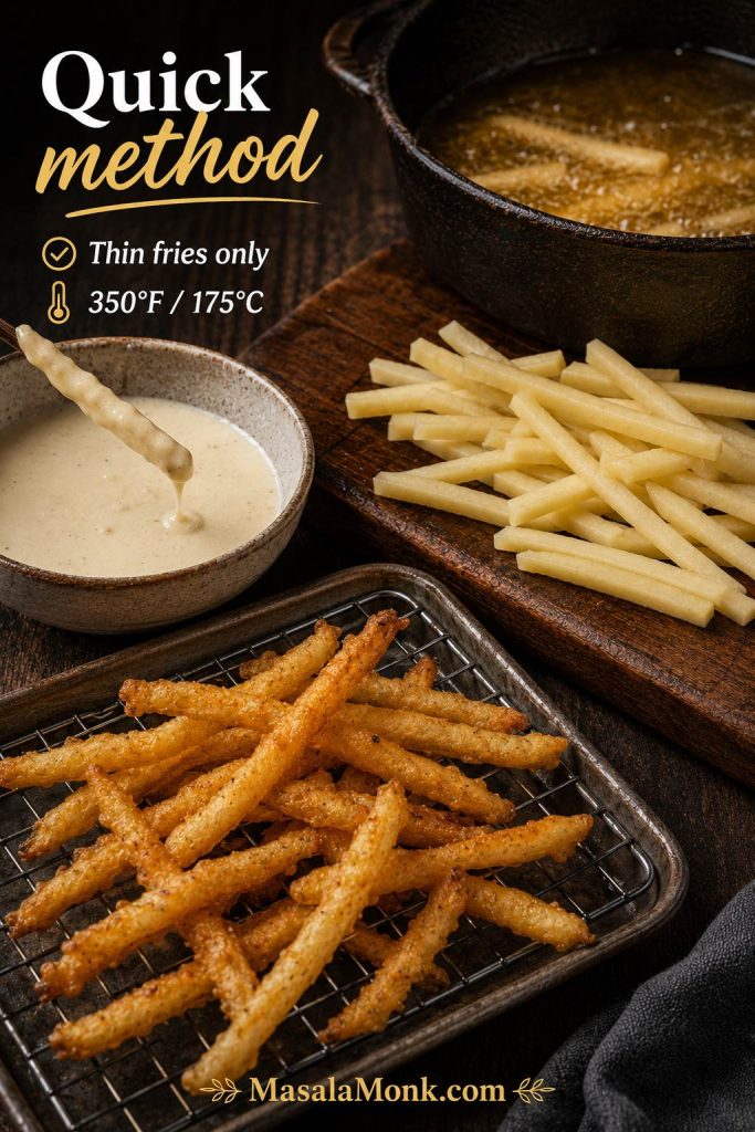 Thin battered fries being made with a quick single-fry method at 350 degrees Fahrenheit.