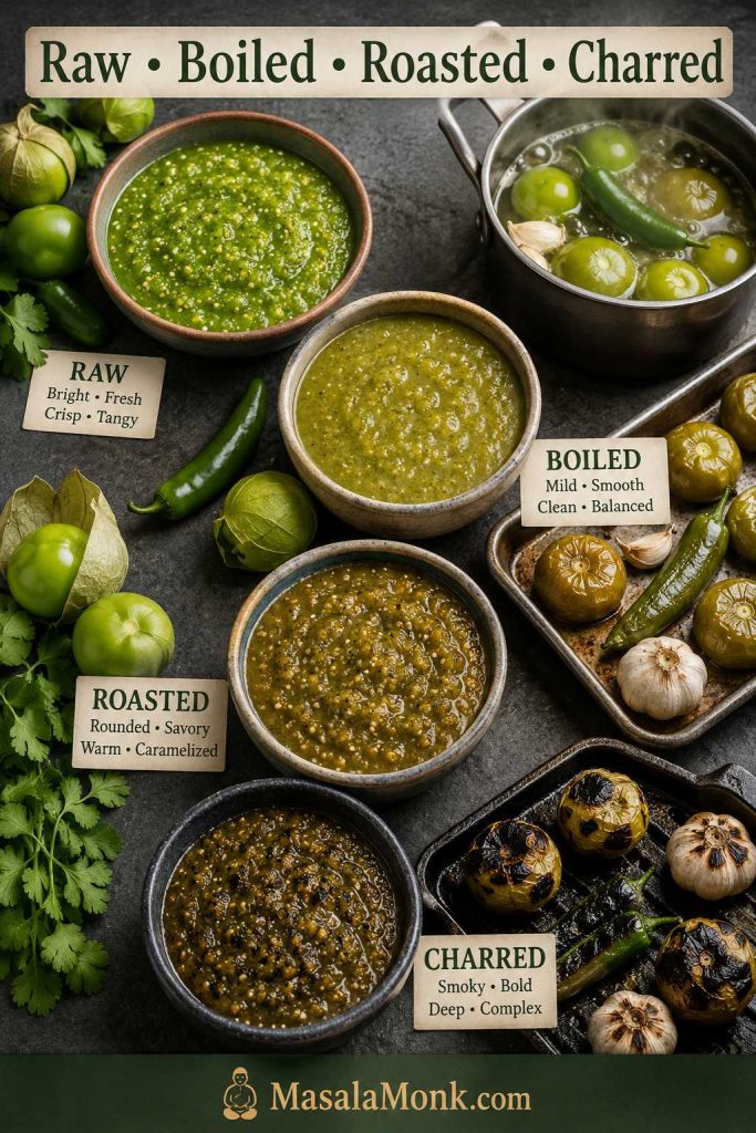 Four bowls of salsa verde showing raw, boiled, roasted, and charred versions with different colors and textures