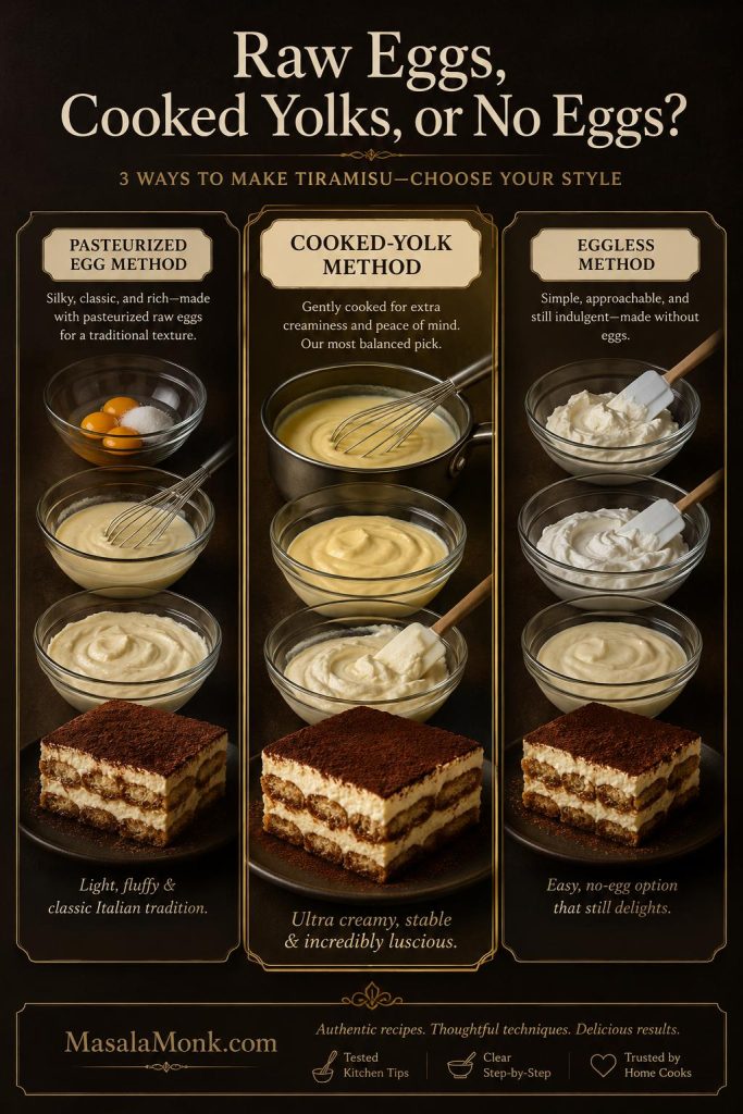 Tiramisu egg-method guide comparing pasteurized raw eggs, cooked yolks, and an eggless method.