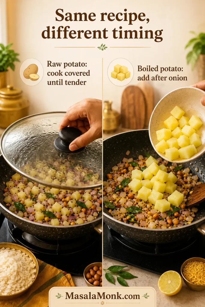 Raw diced potato cooking covered for poha compared with boiled potato being added after onion.
