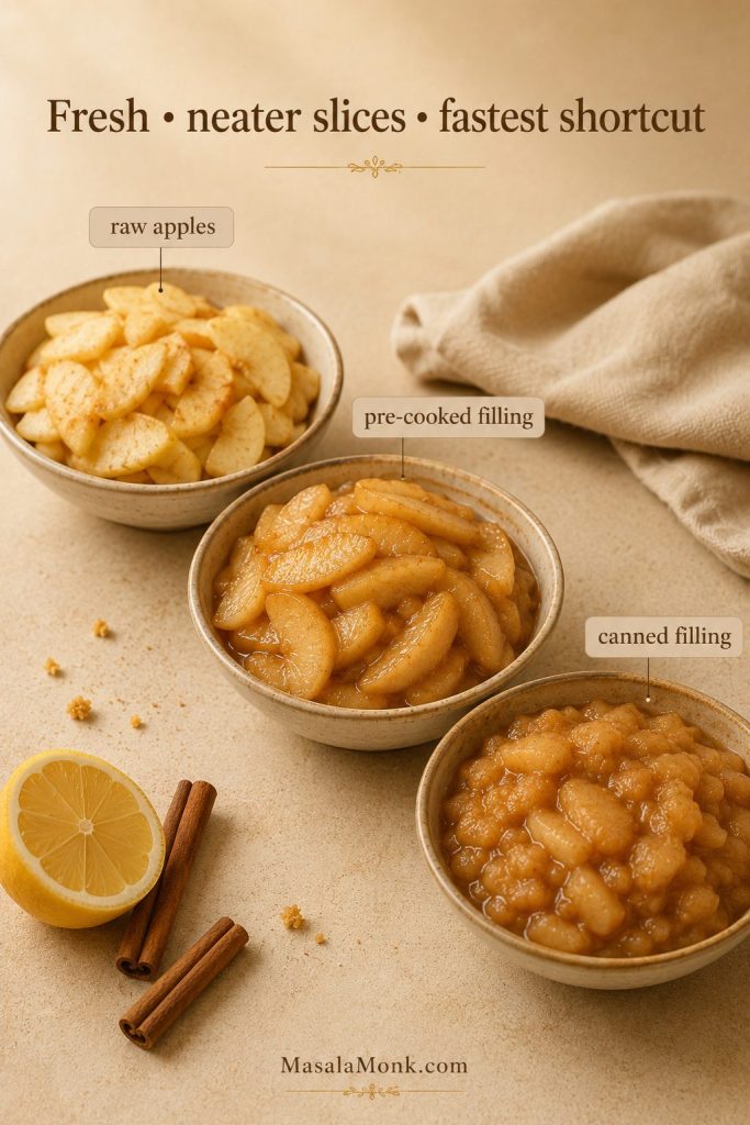 Three bowls comparing raw spiced apple slices, pre-cooked apple filling, and canned apple pie filling.