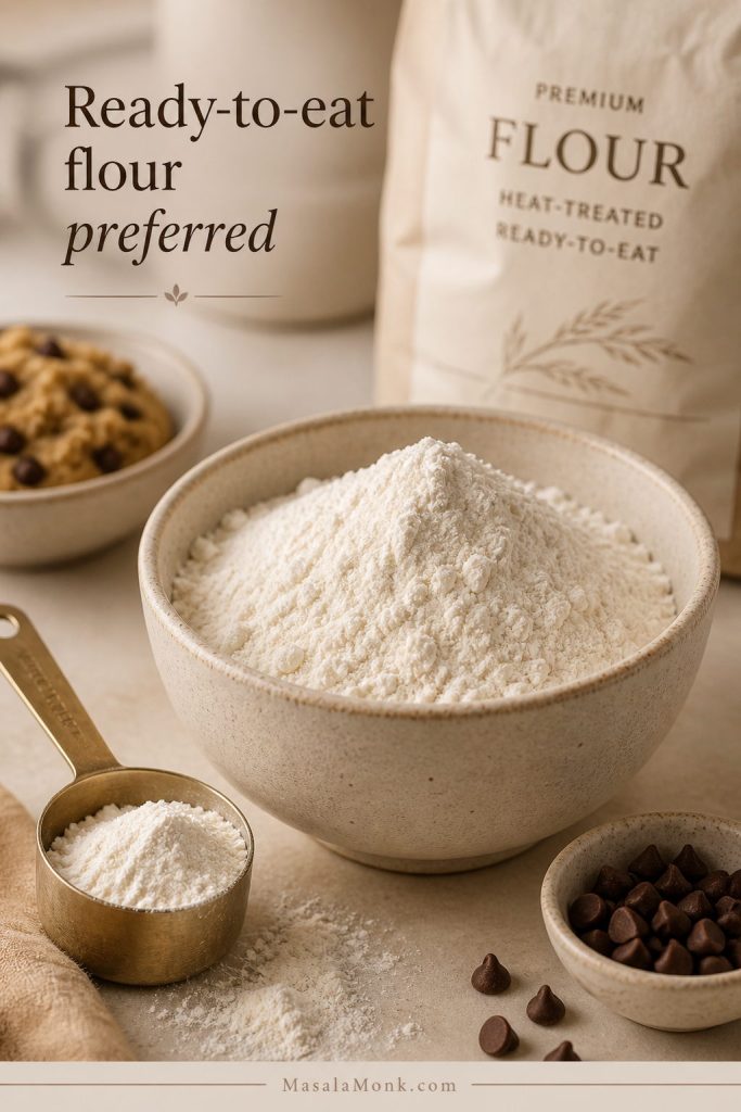 Ready-to-eat flour displayed beside edible cookie dough ingredients as the preferred flour choice for no-bake cookie dough.