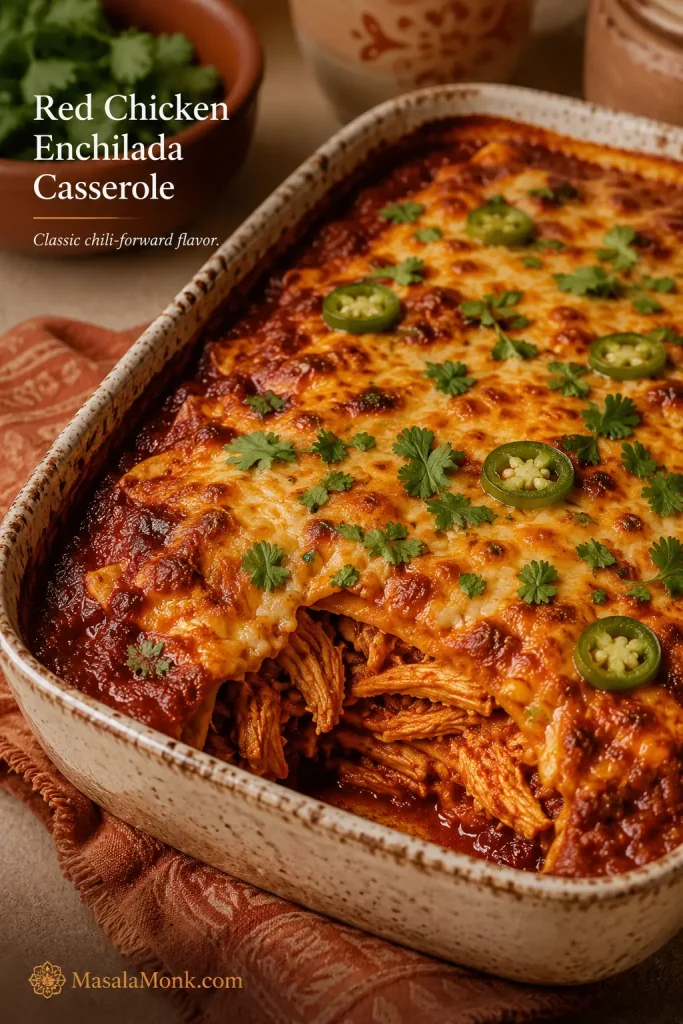 Close-up of red chicken enchilada casserole with melted cheese, red sauce, cilantro, jalapeños, and visible layers.