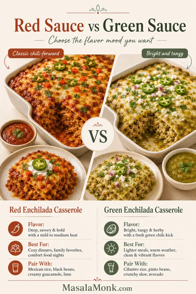 Red sauce versus green sauce comparison for chicken enchilada casserole with red enchilada sauce and green salsa verde cues.