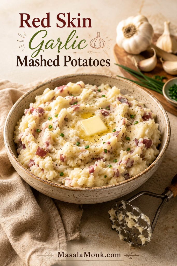 Rustic red skin mashed potatoes with visible potato skins, melted butter, chives, and a hand masher nearby.